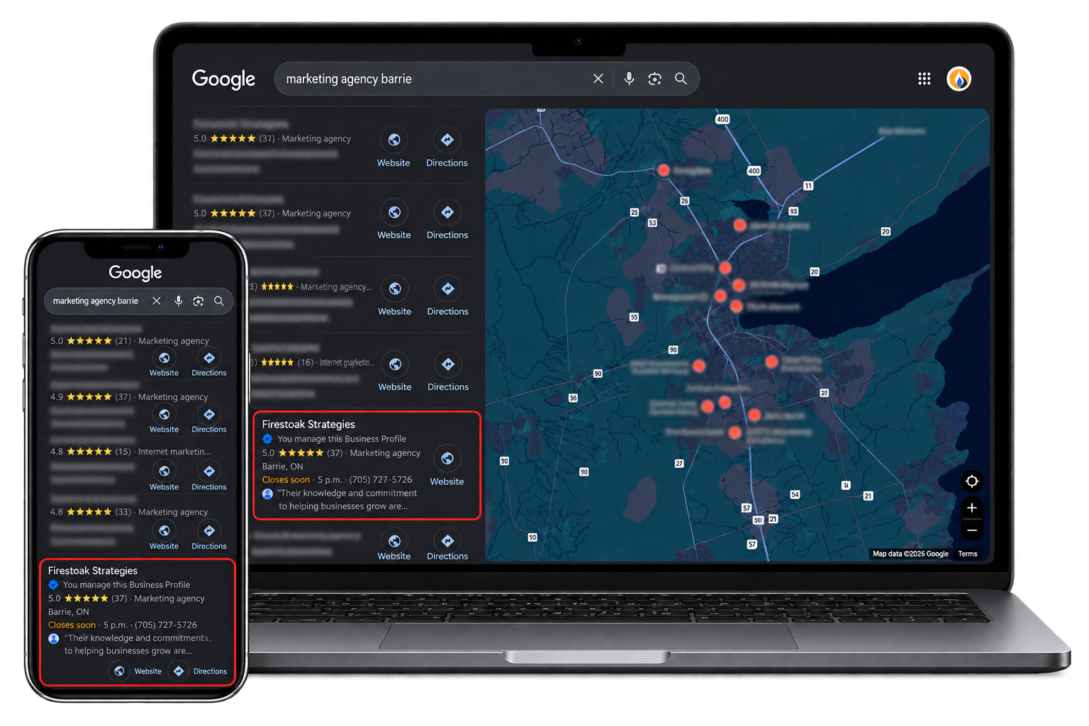 Illustrative laptop and phone mockup showing Firestoak Strategies in Barrie local search, with competing listings blurred.